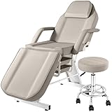 KIIUMI Tattoo Bed Chair for Client, Facial Lash Bed for Esthetician Chair with Swivel Stool, Adjustable Salon Spa Beauty Equipment w/Removable Armrests & Headrest, 2-Tray, Grey