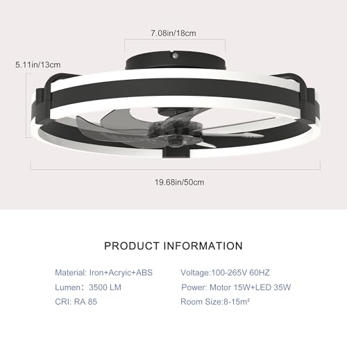 Image of Garwarm 20 inch Ceiling Fans with Lights and Remote, Low Profile Black Fan