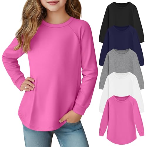 5 Pack Girls' Long Sleeve Shirts Curve Hem Crewneck Tops Raglan Loose Fit Casual Kids Basic Tees Fall