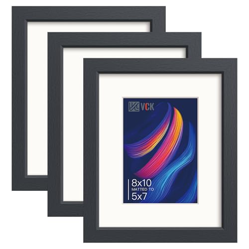 Image of VCK 8x10 Picture Frame 3 Pack, Black Wood, 5x7 Mat, Glass, for Photo Print