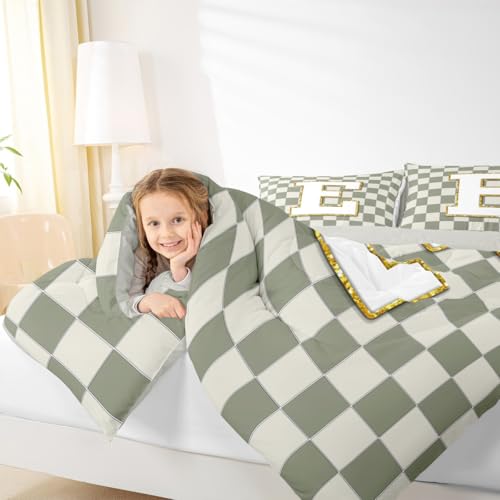 Image of Erosebridal Sage Green Checkered Bedding Set King Plaid Initial E Comforter Set for Kids Adults Personalized Monogram Down Comforter,Fashion Grids Gingham Quilt Duvet