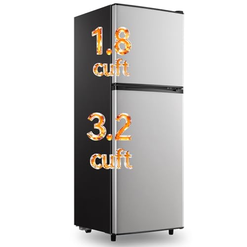 Image of TACOOL 5.0 Cu.ft Mini Fridge Small Refrigerator with Drink Holder Double Door Refrigerator Adjustable Glass Shelves for Home,Apartment,Office Silver