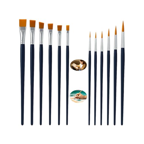 Kit 12 Pincéis para Pintura, 6 Ponta Fina Redonda e 6 Ponta Chata, para Aquarela, Óleo, Acrílica e Artesanato