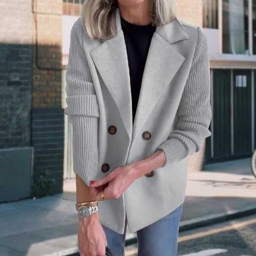 Women's Lapel Button Knitted Patchwork Sleeve Casual Coat Cropped,Pea Patchwork Double Breasted Blazer Sweater2