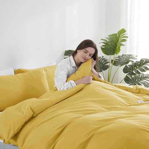 Image of Hearth & Harbor Yellow Duvet Cover Full Size, 3 Piece Bedding Set | Soft Double Brushed Bedding Set, Button Closure, 1 Duvet Cover 80x90 Inches, 2 Pillow Shams