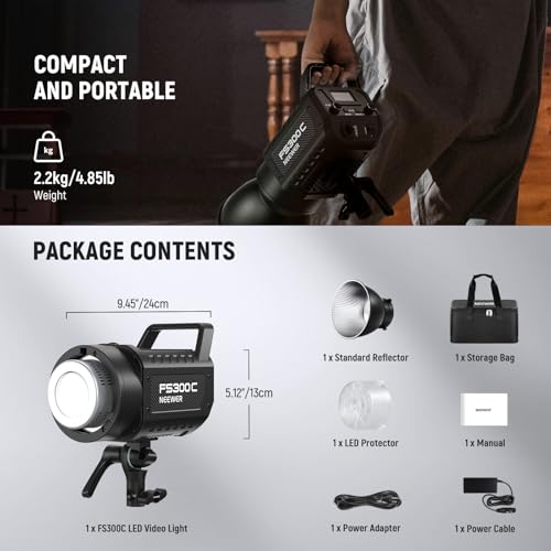 NEEWER 300W RGB LED Video Light APP/2.4G Control 17 Effects, 2500-7500K 29000lux/1m COB Continuous Output Lighting, CRI95+/TLCI97+ 4 Dimming Curves Bowens Mount Spotlight for Studio Shoots, FS300C