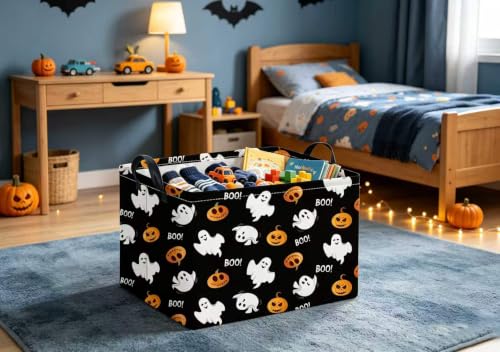 Image of Halloween Basket Cute Baskets for Kids Pumpkin Basket Rectangular Storage Bin Organizer Box Room Decor(Black Boo Halloween)