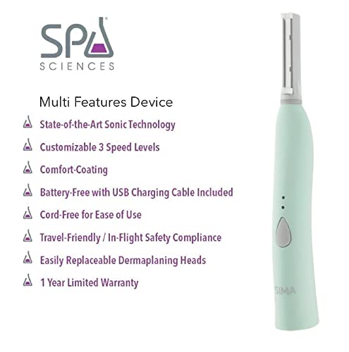 Spa Sciences - SIMA Dermaplaning Tool - Patented Painless 2 in 1 Facial Exfoliation & Peach Fuzz-Hair Removal System w/ 14 Weeks Treatment Included - Anti-Aging – 3 Speeds - Rechargeable