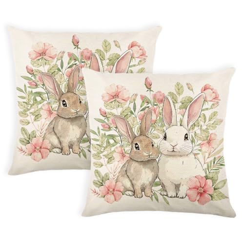 yeshttdy Pink Flower Spring Easter Pillow Covers 18x18 inch Set of 2 Rabbit Decorative Throw Pillow Covers Bunny Cushion Case Easter Spring Decoration for Sofa Couch Bedroom