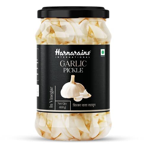 Harnarains Garlic Pickle in Vinegar (Sirka Wala Lahsun), Peeled Garlic Cloves in Brine (Raw Garlic in Brine) (Oil Free Garlic Pickle) (Pickled Garlic in Vinegar, Garlic in Brine) 400 Gram