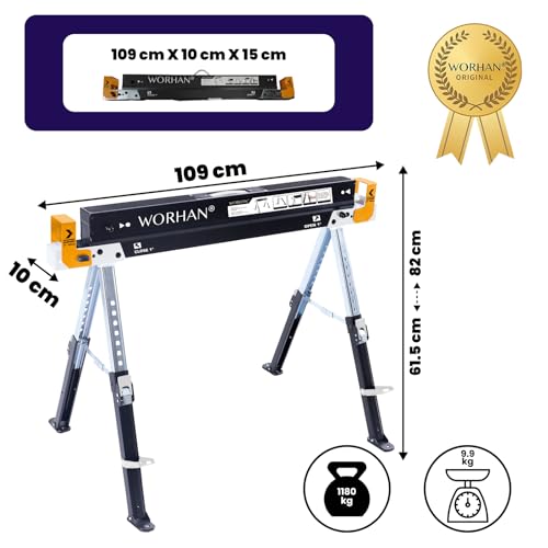 WORHAN Arbeitsbock Gerüstbock Sägebock Böcke Klappbock Doppelpack (2 Stück) Schnell Verstellbare Antirutsch-Füße Stahl 1180kg verstellbar S600A