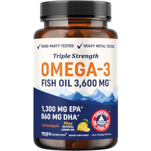 Triple Strength Omega 3 Fish Oil 3600 mg, EPA & DHA, Omega-3 with Lemon Oil | 1300mg EPA + 860mg DHA, Doctor-Formulated, Best Essential Fatt