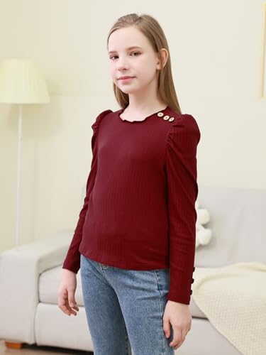 Image of GORLYA Girls Puffy Long Sleeve Casual Button Shirts Lettuce Trim Ribbed Knit Blouse Tee Tops 8-16Y