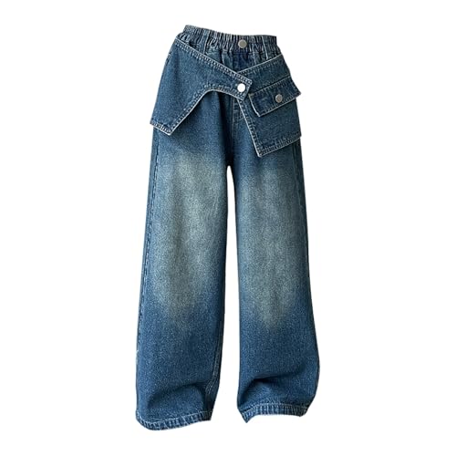 Girls Wide Leg Jeans Baggy Elastic Waist Loose 𝗩intage Wash Denim Jeans Straight Leg Trousers with Pocket