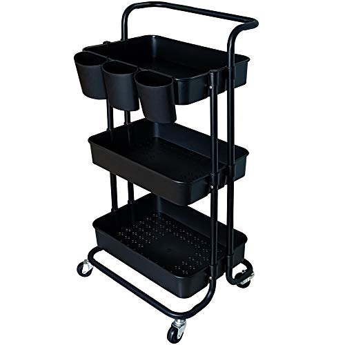 Image of Lontenrea 3-Tier Multifunction Rolling Cart Utility Storage Shelves Cart with Hanging Cup Lockable Wheels and Handle for Office Living Room Kitchen Bathroom (Black)