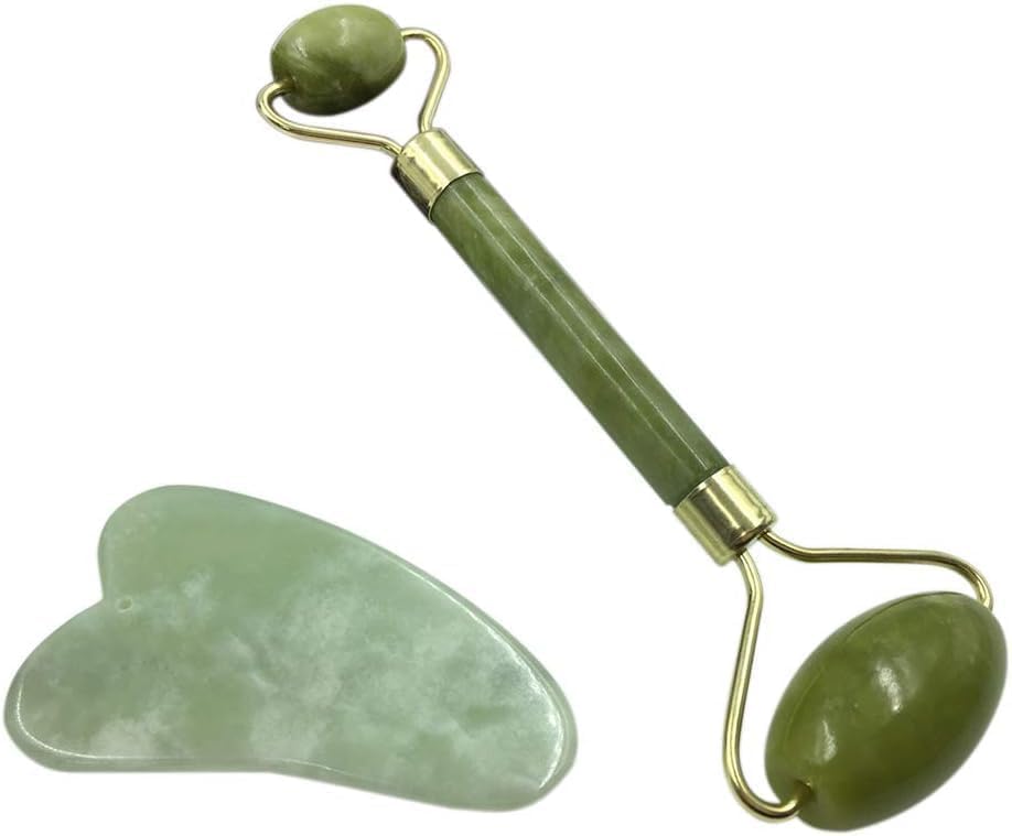 Kit de Massagem Facial com Rolo de Jade e Pedra Gua Sha, Verde, para Relaxamento e