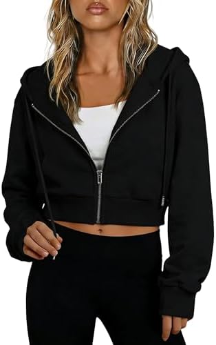 Hooever Womens Cute Workout Cropped Zip Up Drawstring Hoodie Swea...