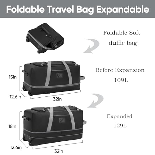 Travel Duffle Bag with Wheels, Large Capacity Rolling Duffle Bag for Travel, Duffle Roller Bags Rolling Luggage Bag with Multi-pocket for Travel (Expandable from 109L to 129L)2