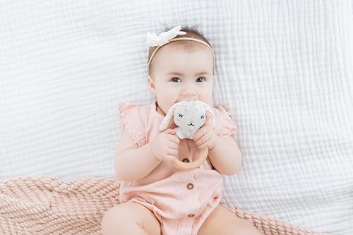 Pearhead Floral Bunny Wooden Baby Teething Ring, Natural Wood & Plush Infant Teether Rattle, BPA-Free Newborn Gum Soother, Easy-Grip Sensory Toy, 0 Months+ - Image 6