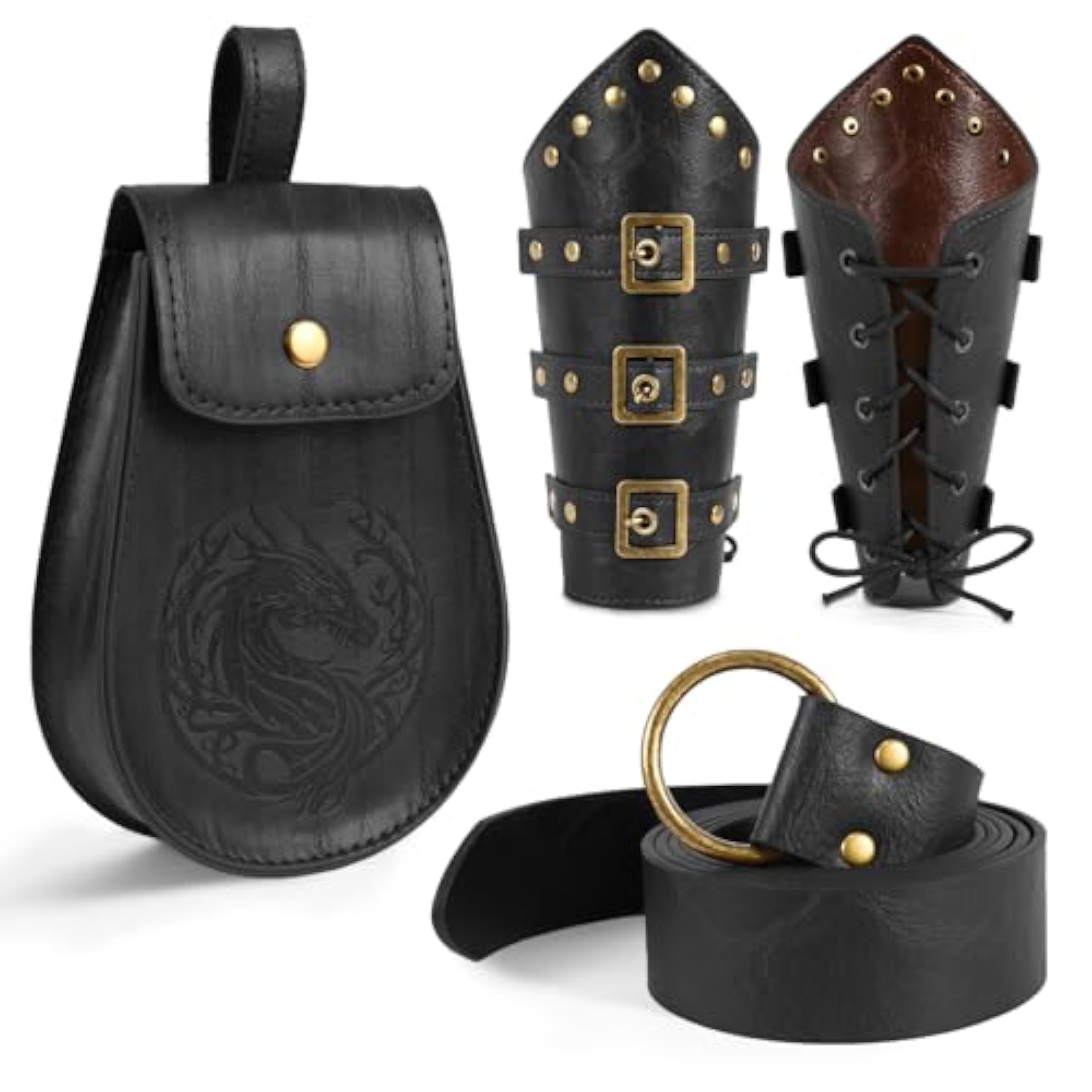 4 piezas ropa medieval para mujer hombre accesorios vikingo cinturón vikingo bolsa de cuero brazaletes vintage renacentista caballero decoración para Halloween, cosplay, carnaval, Negro , Talla única