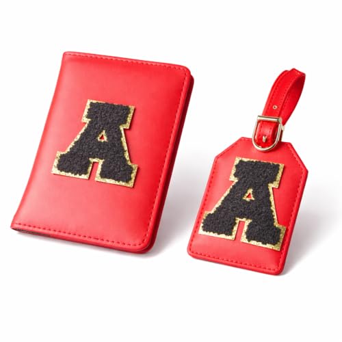 Image of Passport Cover & Bag Tag Combo | Personalized Initial Alphabet Custom A-Z Name Initial | Fits Standard Passports | Travel GiftIdeal Travel Gift for Women, Girls & Couples (Red)