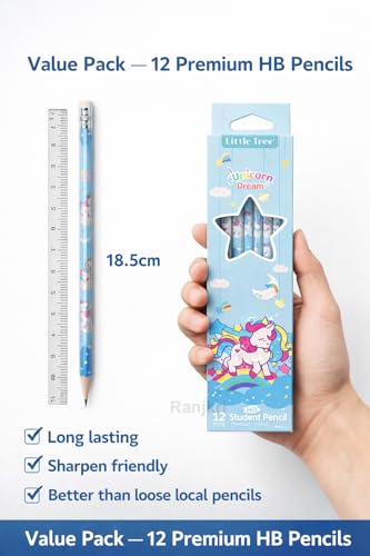 Image of Unicorn Dream HB Pencils for Kids (12 Pcs) | Cute Printed Student Writing Pencil Set with Eraser | School Stationery, Handwriting Practice, Return Gift, Birthday Party Favors