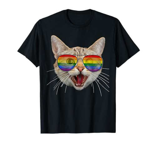 Cat Rainbow Flag Sunglasses Pride Month LGBTQ t-shirt, Preto, S