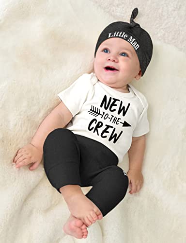 Fommy Newborn Baby Boy Clothes New To The Crew Letter Print Short Sleeve Romper+Long Pants+Little Man Hat 3Pcs Outfits Set Newborn #TOP2