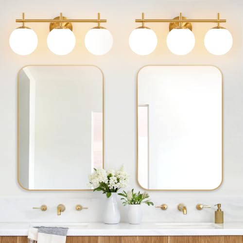 Image of 3-Light Bathroom Light Fixtures, Brushed Gold Vanity Lights for Bathroom with Milky White Glass Globe Shade, 19.3 inch Bathroom Lighting Fixtures Over Mirror, Wall Sconce for Bedroom(Bulb Not Included