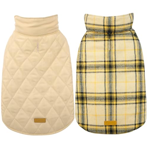 Image of Kuoser Waterproof Dog Coat, Warm Reversible Dog Jacket with Leash Hole | Soft Cozy Dog Cold Weather Coats for Rainy Snow Days, Lightweight Jacket for Large Dogs, Xmas Dogs Snowsuit Yellow 3XL