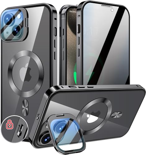 KELLCASE【カメラレンズ保護・スタンド+覗き見防止+MagSafe対応 】iPhone 15 用 ケース 全面保護 隠しスタンド付き ロック付き 両面 マグネット式 アイフォン 15 カバー ストラップホール付き透明背面 メタルフレーム 磁石 ワイヤ