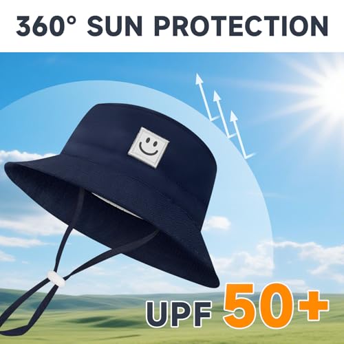 Baby Sun Hat, Toddlers Smile Face Sun Hat, UPF 50+ Sun Protection Summer Hats for 0-5 Years Kids (6-24 Months, Navy and Grey)2