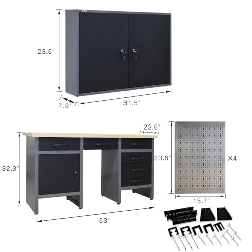 Image of JZD Metal Garage Workbench Desk Set System with Storage Cabinet, Wood Table Top for Workshop Utility Room