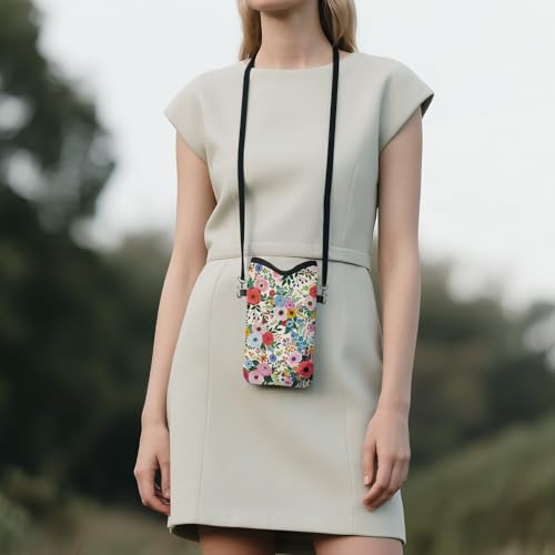 Image of Cell Phone Sleeve Pouch Case Bag with Crossbody Strap Neck Lanyard for Women Girls, Colorful Flower Floral Cell Phone Crossbody Bag 7.1x3.9 Inch