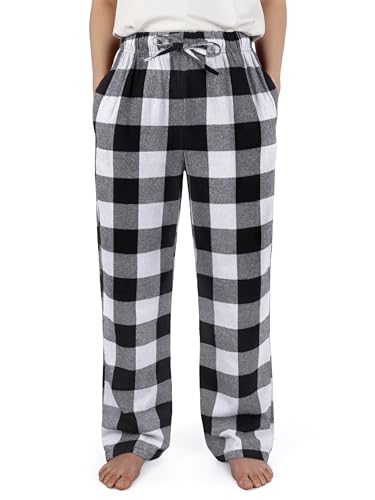 IHU Cotton Boys Pajama Pants Kids Plaid Pajamas Bottom Flannel Soft Lounge Pants With Drawstring and Pockets Black and White Buffalo Plaid,6-8 Years