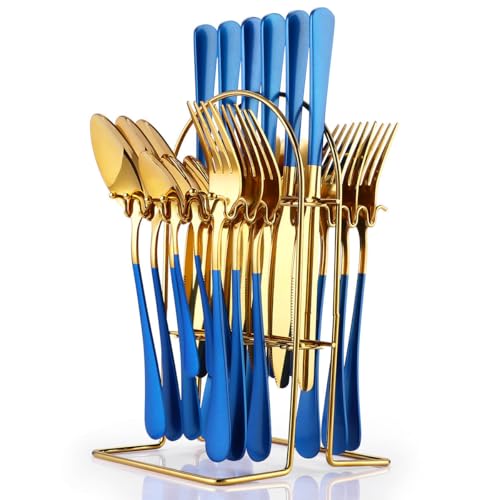 Image of 24 Pieces Flatware Set, Stainless Steel Cutlery Set with Silverware Holder, Modern Gold Silverware Set Includes Dinner Knives Forks Spoons,Hanging Silverware (Blue)