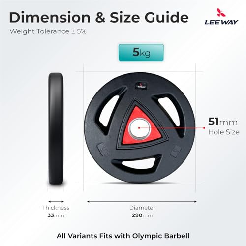 Image of LEEWAY Rubber Coated Olympic Plates (5kg x 2) | 50mm Standard Hole Size | Tri-Grip Handle Design | Anti-Slip Floor Protection | Olympic Barbell & Dumbbell Compatible | Strength Training (5kg Pair)