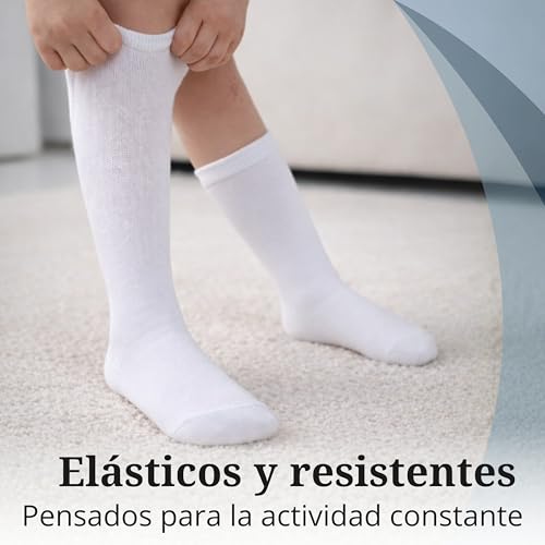 Miniatura 4 de Bisoo Calcetines Blancos Niño, Niña - Set De 5 Pares Calcetines Deporte Altos De Algodon Certificado Oeko-Tex - Colegio, Uniforme Escolar - Talla 28-31 Blanco