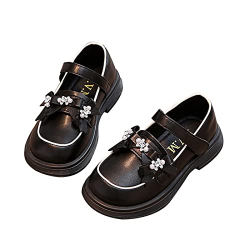 Kids Girls Mary Jane Shoes Little Kid Comfortable School Shoes Rhinestone Pearl Bowknot Dress Shoes (Black, 2.5 Big Kids)