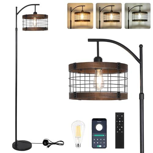 Arc Floor Lamp with Remote & Dimmable LED Bulb, Vintage Wood Floor Lamps for Living Room, Industrial...