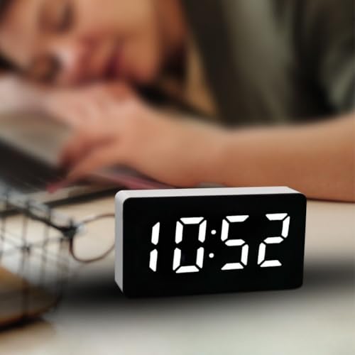 EBILUN LED Mini Digital Alarm Clock, Plug-in Use,Temperature Display,Mirror Surface, for Bedroom Living Room Home Decor (White)