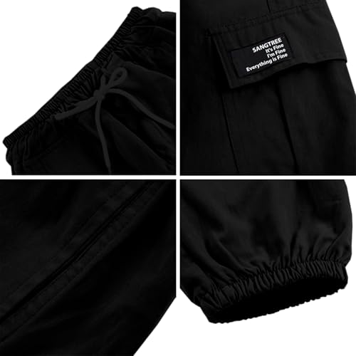 Image of SANGTREE Girl's&Women's 2 Packs Cargo Pants Elastic Waist Drawstring Tapered Multi Pockets Cargo Jogger Pants
