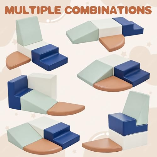 Image of Sumbababy Climbing Foam Blocks for Toddlers: Waterproof Pu Leather Soft Climber - 4 Pcs Toddler Indoor Climbing Toys - Kids Outdoor Playground Playset Best Gift Preschool Daycare Supplies(Blue /Brown)