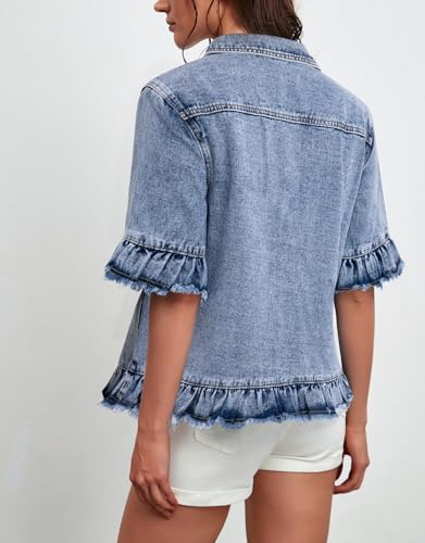 Kedera Short Sleeve Denim Jacket for Women Lightweight Blue Jean Jackets Ruffle Sleeve Denim Shirt Summer Top2