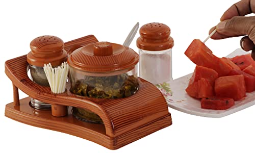 Image of Nabhya Complete Dining Table Set of Pickle Jars, Salt and Pepper Dispenser, Toothpick Holder and Spoon Holder(Wooden Look Design, Plastic) (Oscar)