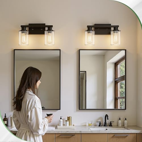 Image of DORESshop 2-Light Black Bathroom Light Fixtures Over Mirror with Clear Glass Shade, Vanity Lights for Bathroom Mirror Hallway Bedroom Living Room, ETL Listed