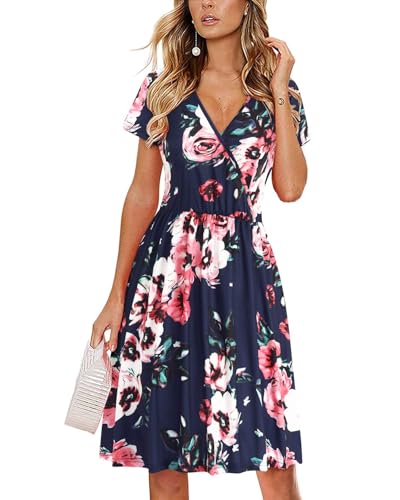 STYLEWORD Sommerkleid Damen Knielang Kleid Sommer Midikleid Kurzarm V Ausschnitt Blumenkleid Wickelkleid