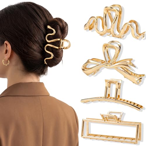 Obeoby Large Metal Hair Claw Clips for Women 4 Pcs 4 Inch Gold Hair Clips for Thick Hair - Strong Hold Cute Fashion Barrettes Hair Accessories Holiday Birthday Gifts