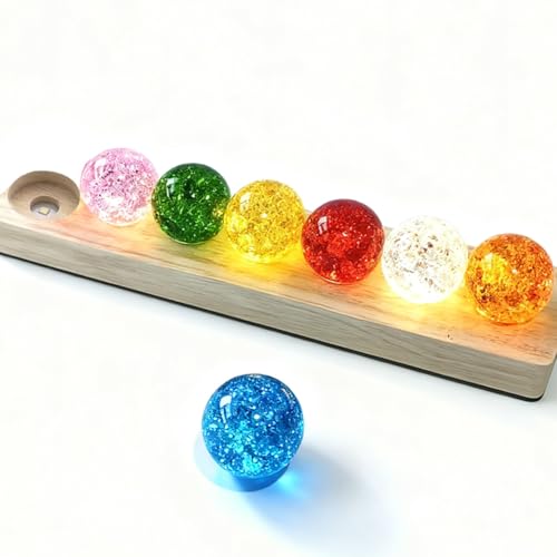 Lot de 7 boules de cristal 3D - Lampe boule en verre de 40 mm avec socle en bois - 7 planètes - Boule LED colorée - Ciel étoilé - Boule plasma USB pour...