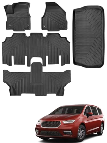 for Chrysler Pacifica 2017-2025 2026 7/8 Passenger (No Hybrid) Floor Mats Cargo Liner Carpet All Weather TPE Mat for Voyager 2020-2026 for Pacifica/Voyager 2018 2019 2021 2022 2023 2024 Accessories